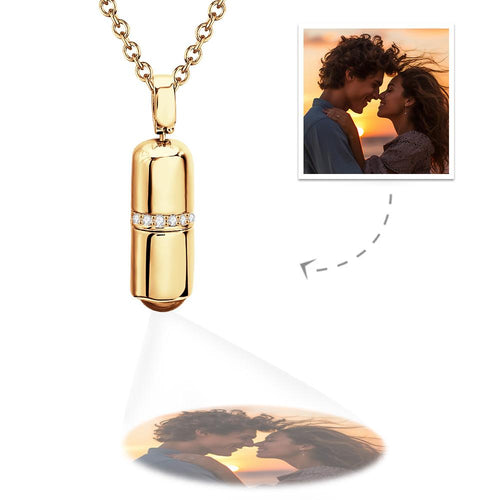 Gold Custom Projection Necklace, projecting couple photo, ideal romantic couple gift. Anniversary Jewelry.