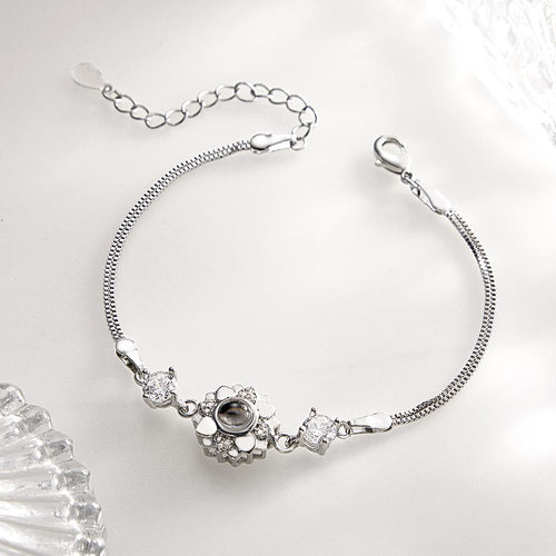 Silver Flower Bracelet with Photo Projection, Romantic Gift for Her